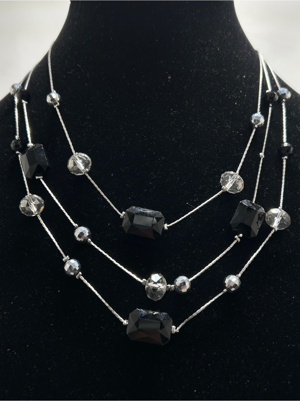Charming Charlie, Silver, Black And Gray Triple Strand Crystal Necklace